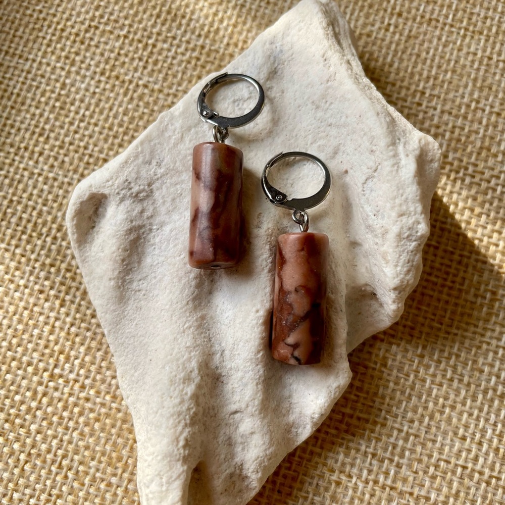 Brown Marbled Jasper Stone Tube Stainless Steel Drop Earrings